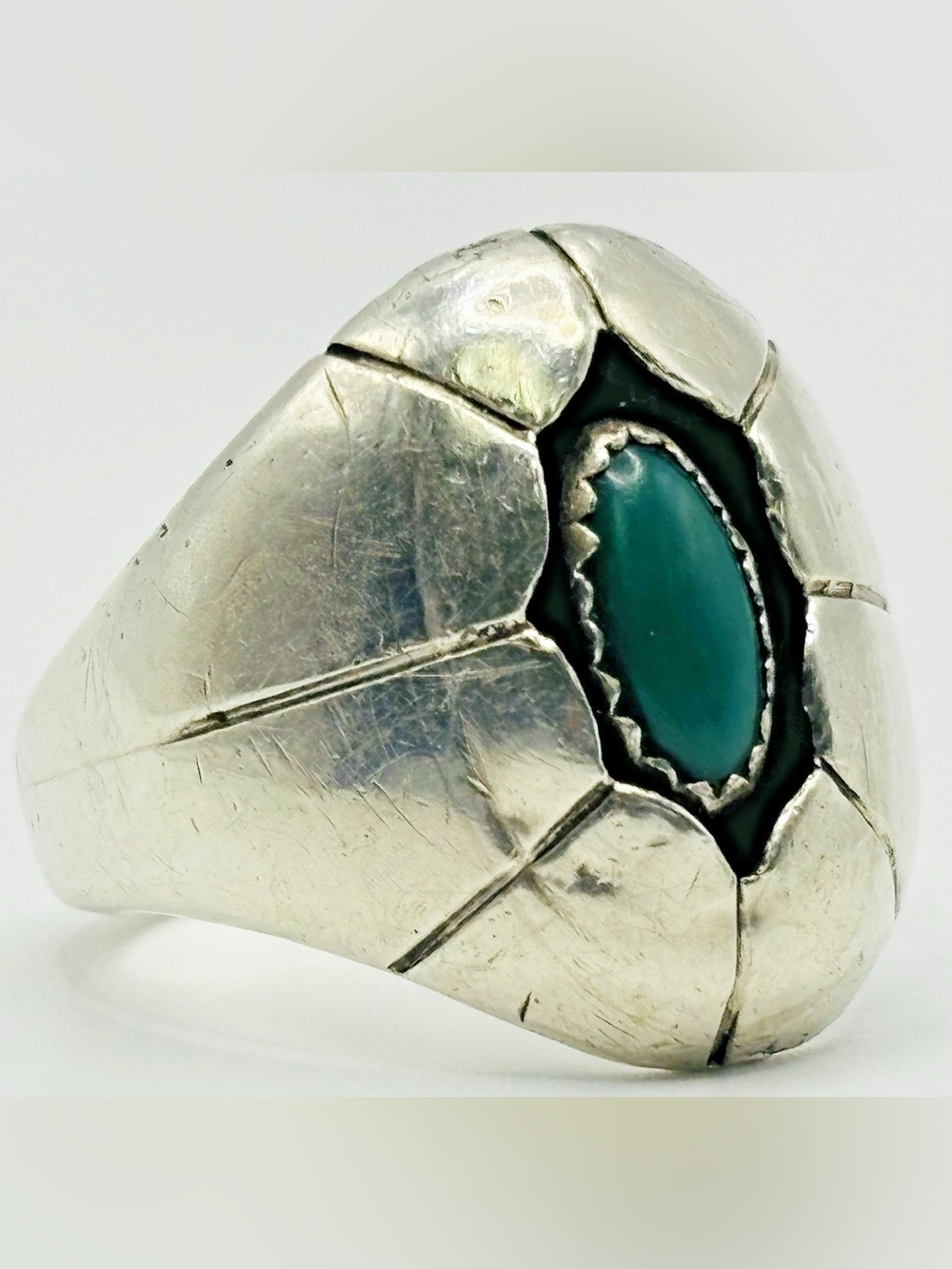 Vintage Navajo Sterling Silver Turquoise Stamped Shadowbox Oval Men's Ring SZ 11